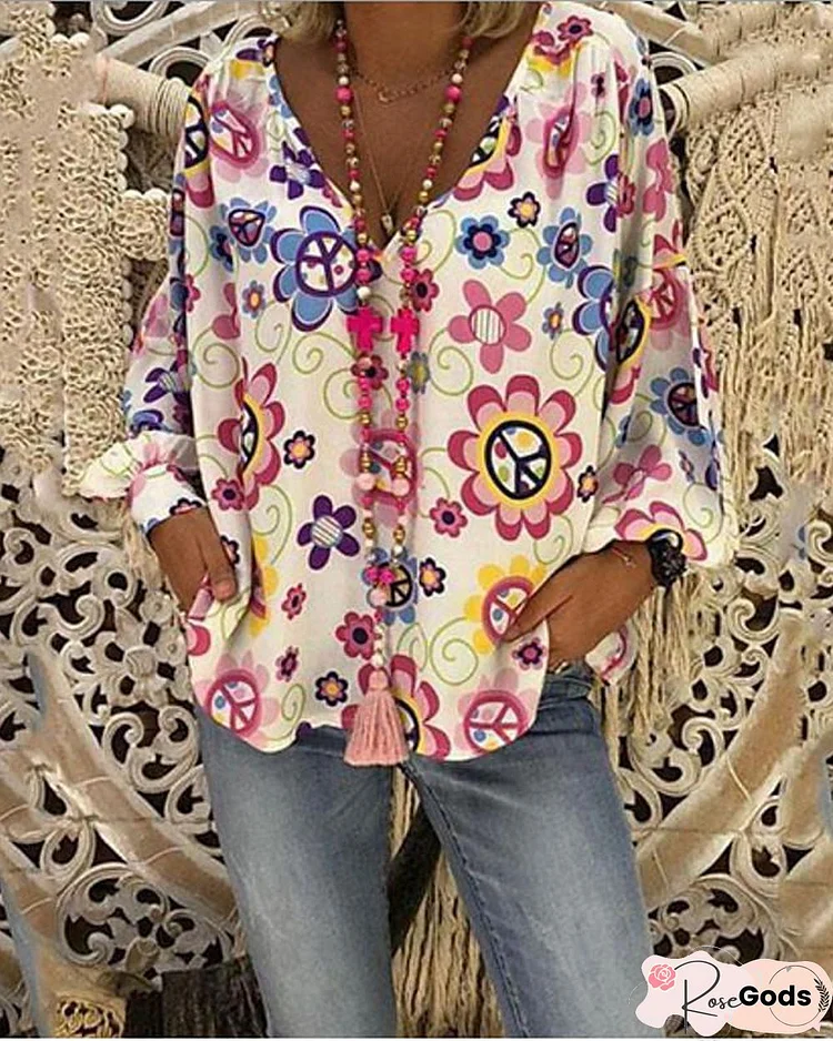 Women's Plus Size Blouse Shirt Floral Flower Long Sleeve Print V Neck Tops Casual Boho Basic Top White-808