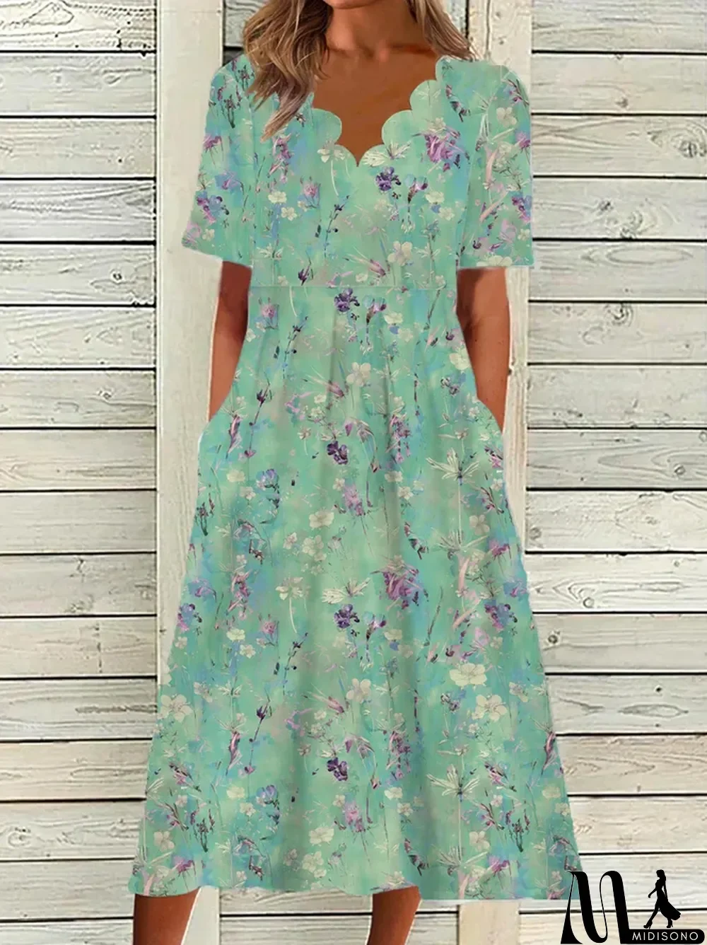 MidiSono - Casual Floral Short Sleeve V Neck Plus Size Printed Dress