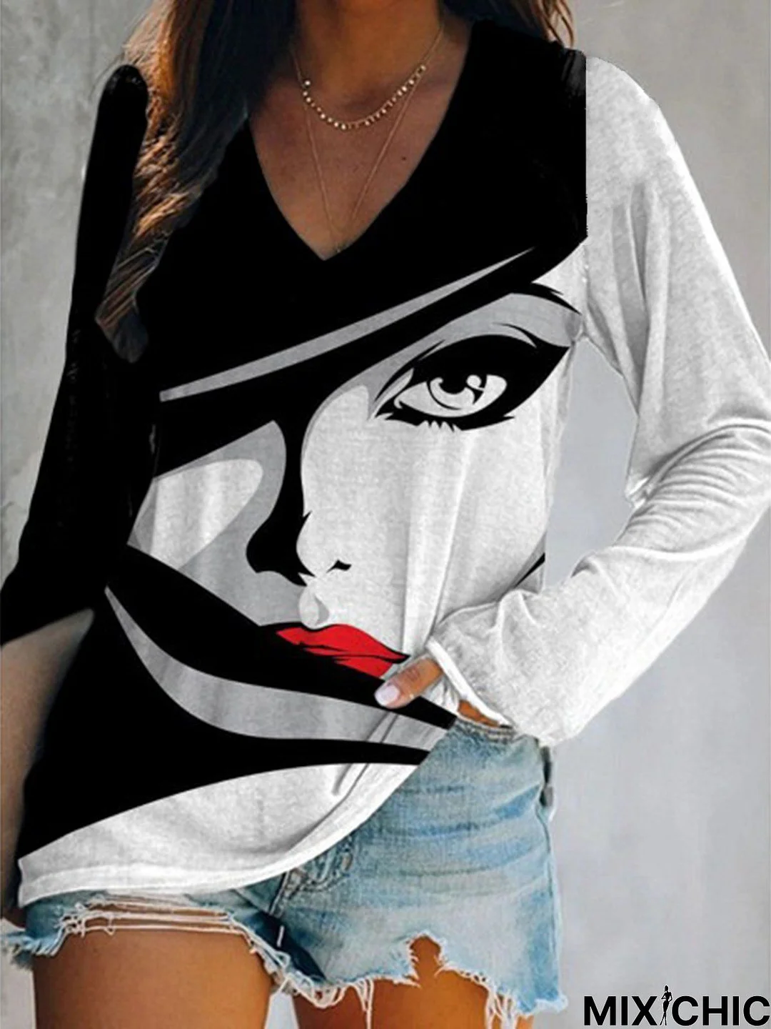 Black-white Hippie Printed Casual V Neck Long Sleeve Shift Top