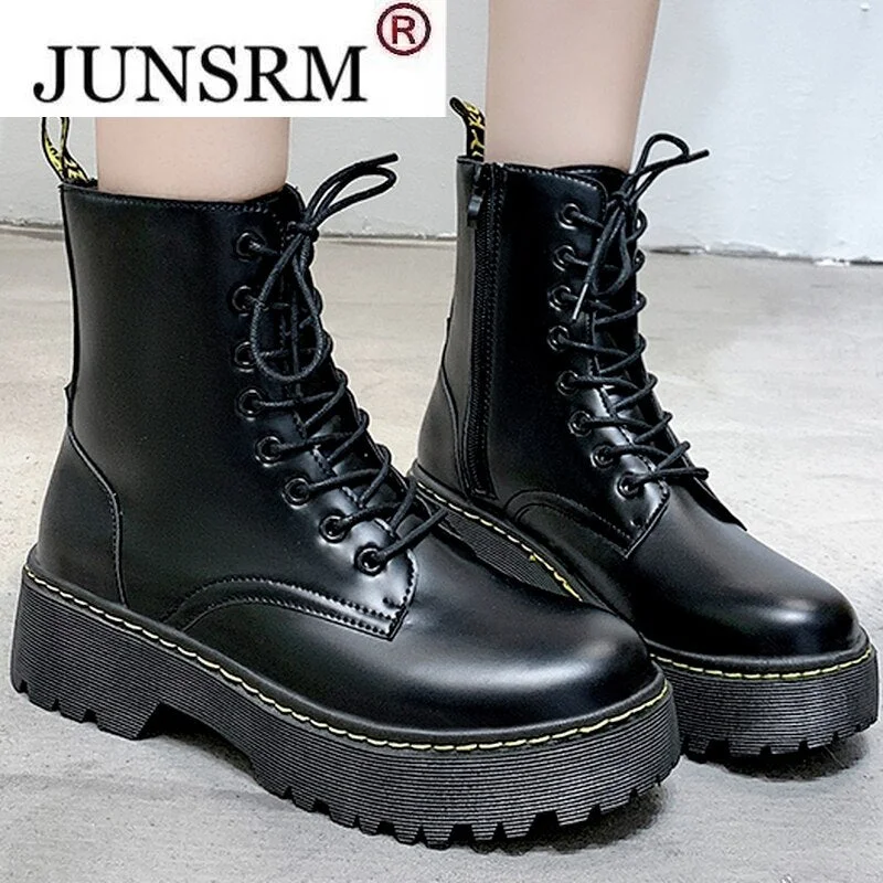 2021 Winter Fashion Women's Boots Lace Up Round Head Women Martin Boots Black Mid Heel Square Heel PU Leather Boots Women
