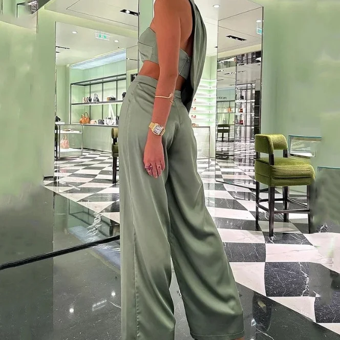 Wongn Wongn Women's Temperament Elegant Hanging Neck Diagonal Shoulder Chest Sexy Crop Wide Leg Pants Suit