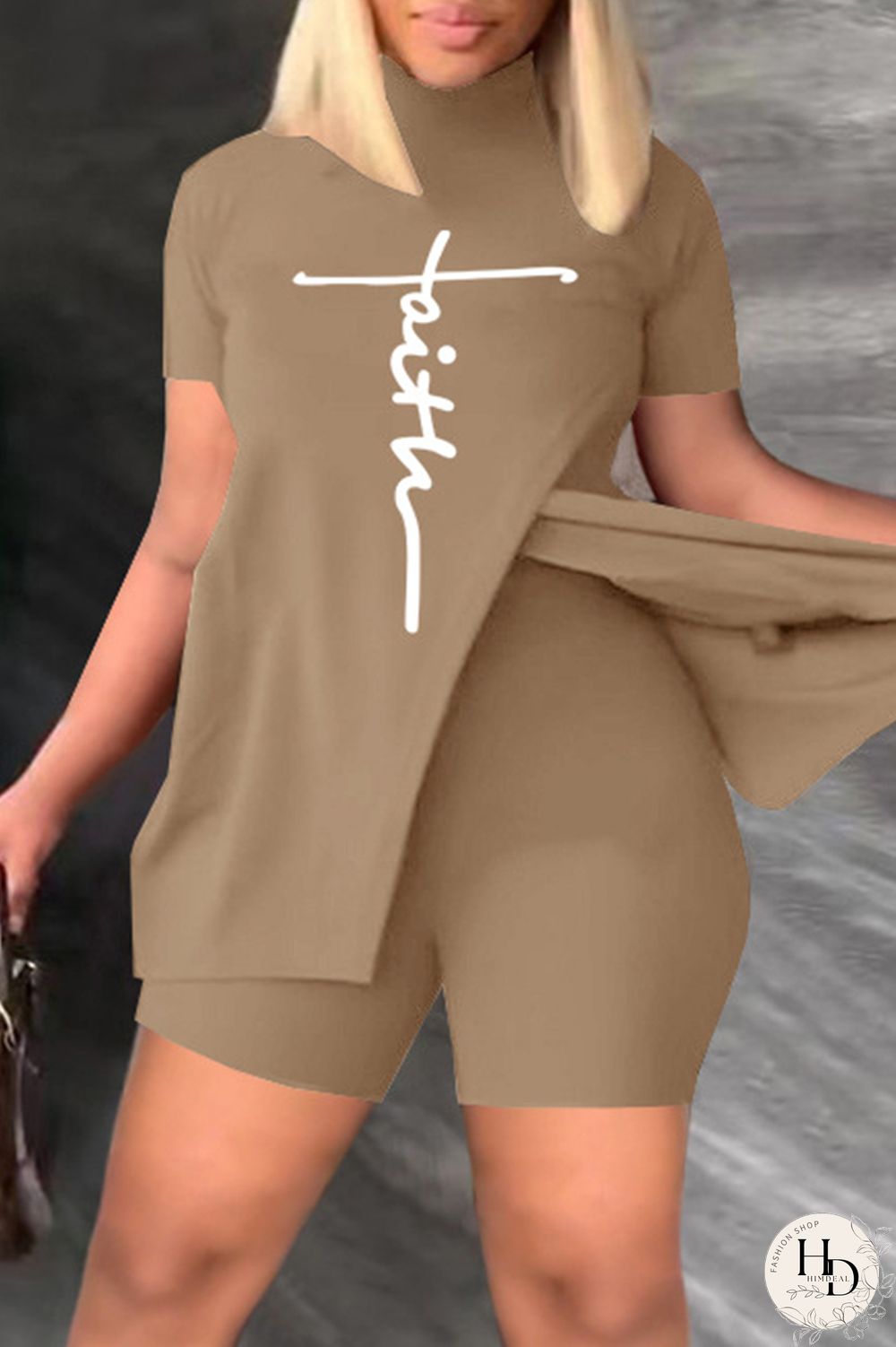 Khaki Casual Print Slit Turtleneck Short Sleeve Two Pieces