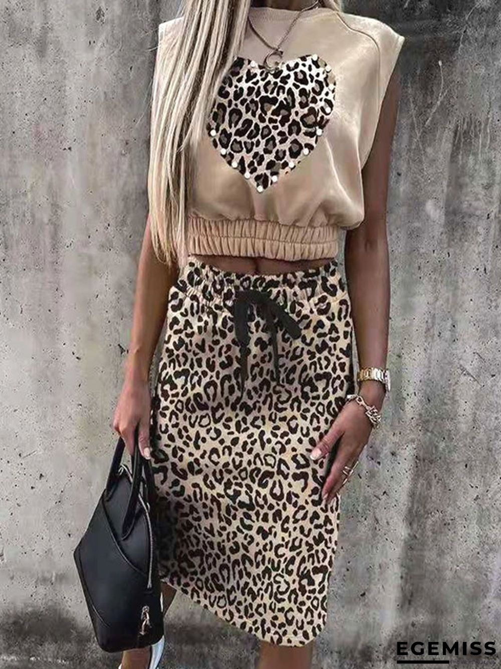 Women's Leopard Print Sleeveless Jacket Dress Two-piece Suit T-shirt | EGEMISS