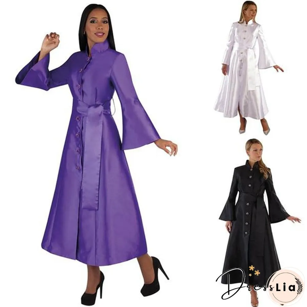 Stylish Women Church Robe Flare Sleeve Solid Color Clergy Dress