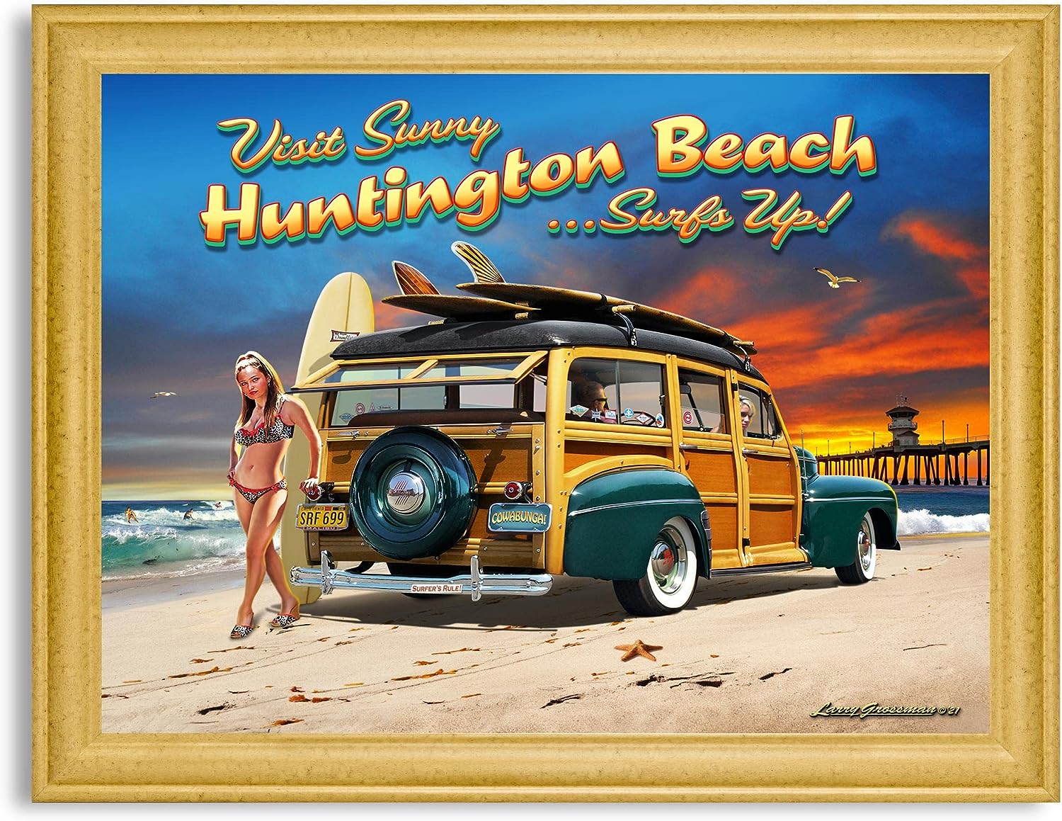 Huntington Beach Surf Car Framed Canvas Wall Art Decor Poster | Surfing & Ocean Piers Home & Office Decoration Canvases, Posters & Prints by Larry Grossman | Artwork for Bedroom & Living Room 18 x 24 Canvas in Gold Beveled Frame