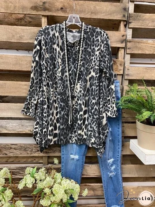 Casual Leopard Print Women S Plus Size Short Sleeve T-shirt