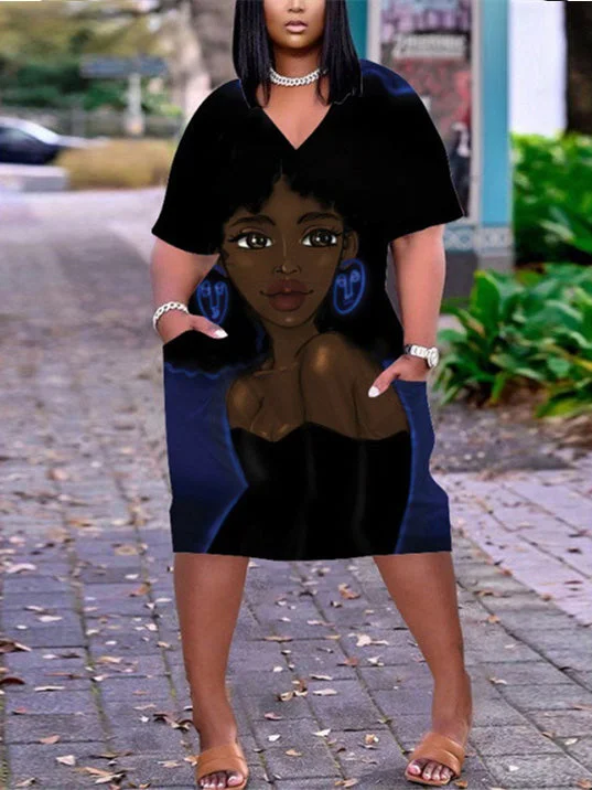 Women's Black Plus Size V-neck Mid-sleeve Dress