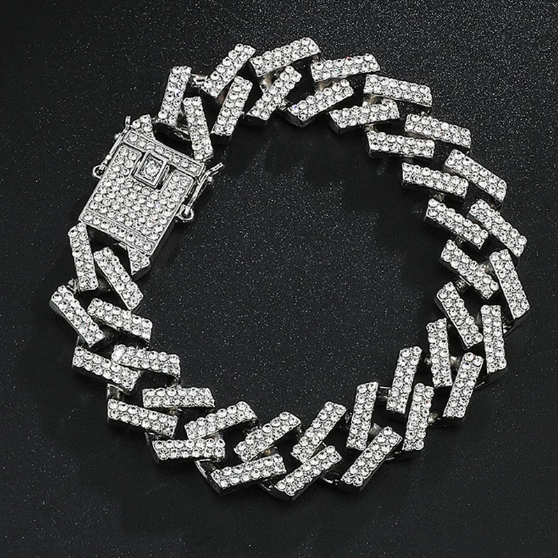 15MM Iced Out Cuban Link Bracelet Men Hip Hop Iced Out Bling Jewelry-VESSFUL