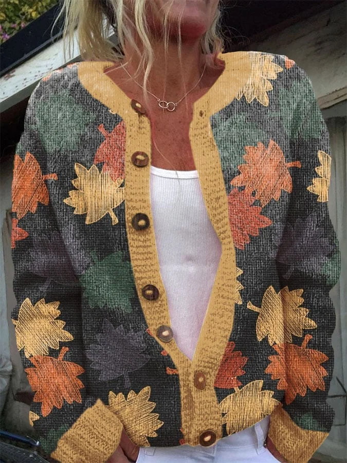 Women's Thanksgiving Fall Leaves Print Cozy Knit Cardigan