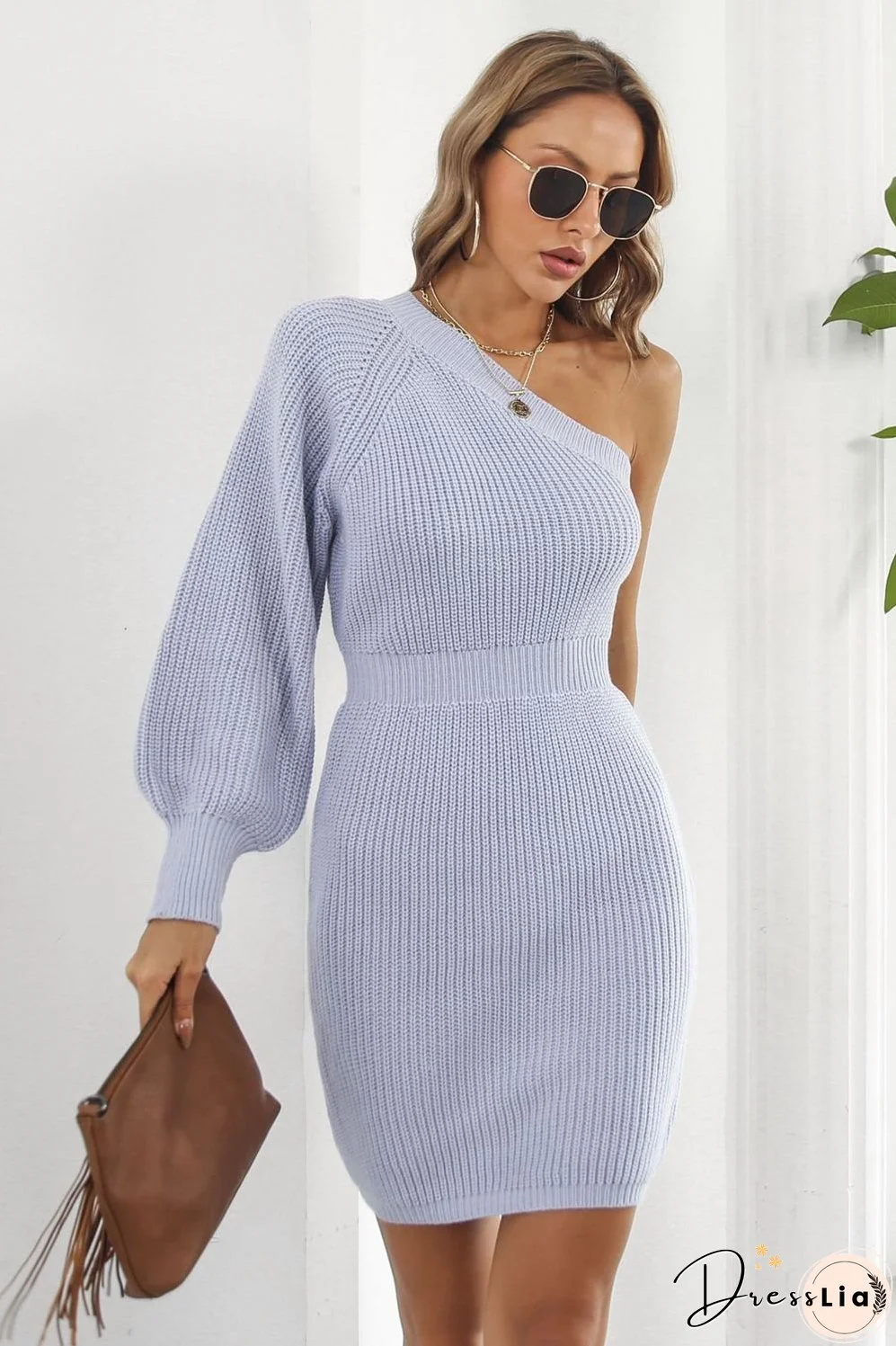 One Shoulder Raglan Sleeve Pencil Sweater Dress