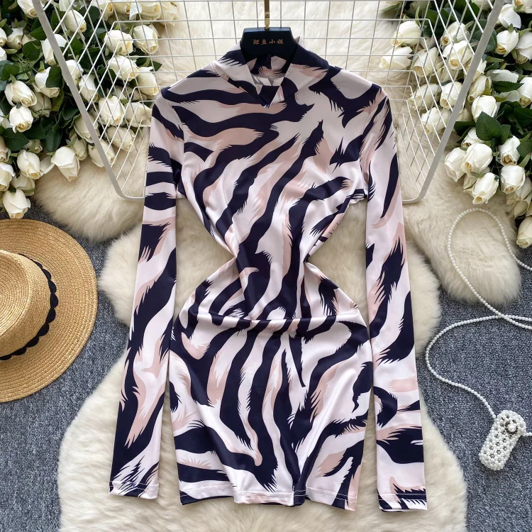 Elegant Long Sleeves Vintage Turtleneck Chic Fashion Printing Sexy Slim Pencil Short Dresses High Street Autumn Elastic Clothing