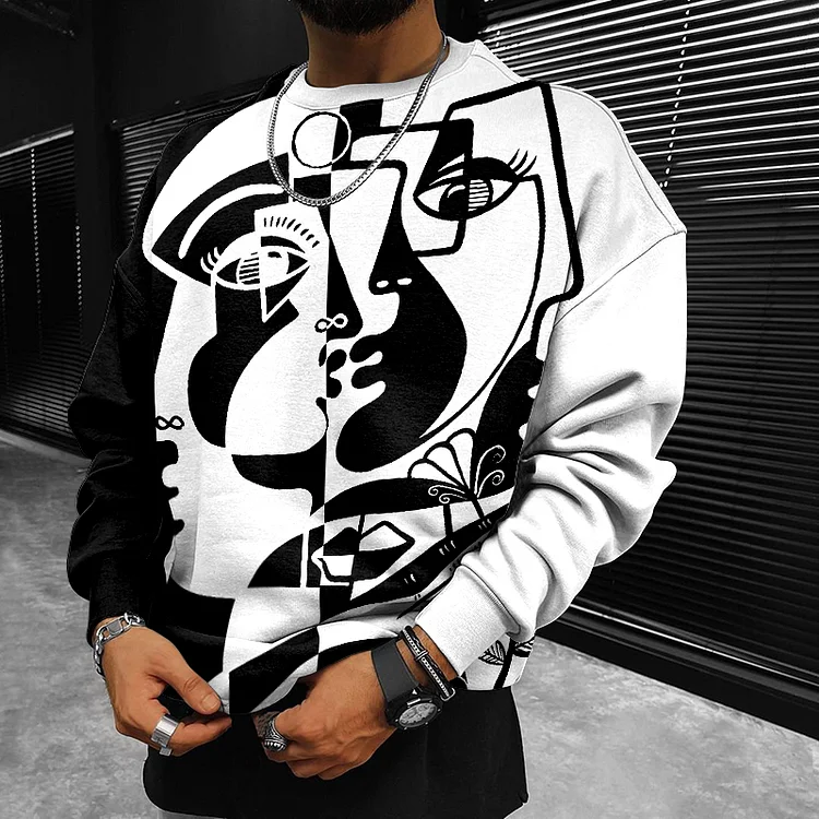 BrosWear Geometric Face Abstract Art Casual Sweatshirt