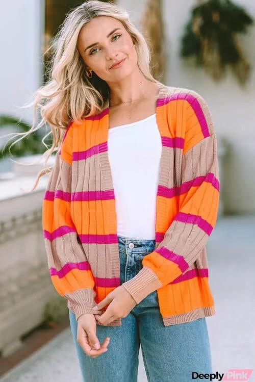 Ribbed Striped Open Front Long Sleeve Cardigan