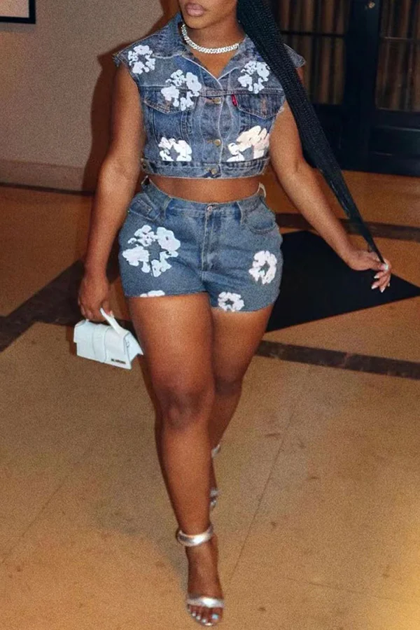 Casual Printed Denim Vest And Shorts Two-piece Set