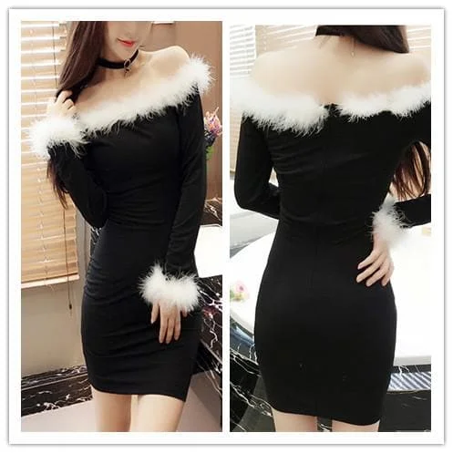 Black Fluffy Off-Shoulder Dress SP1811943