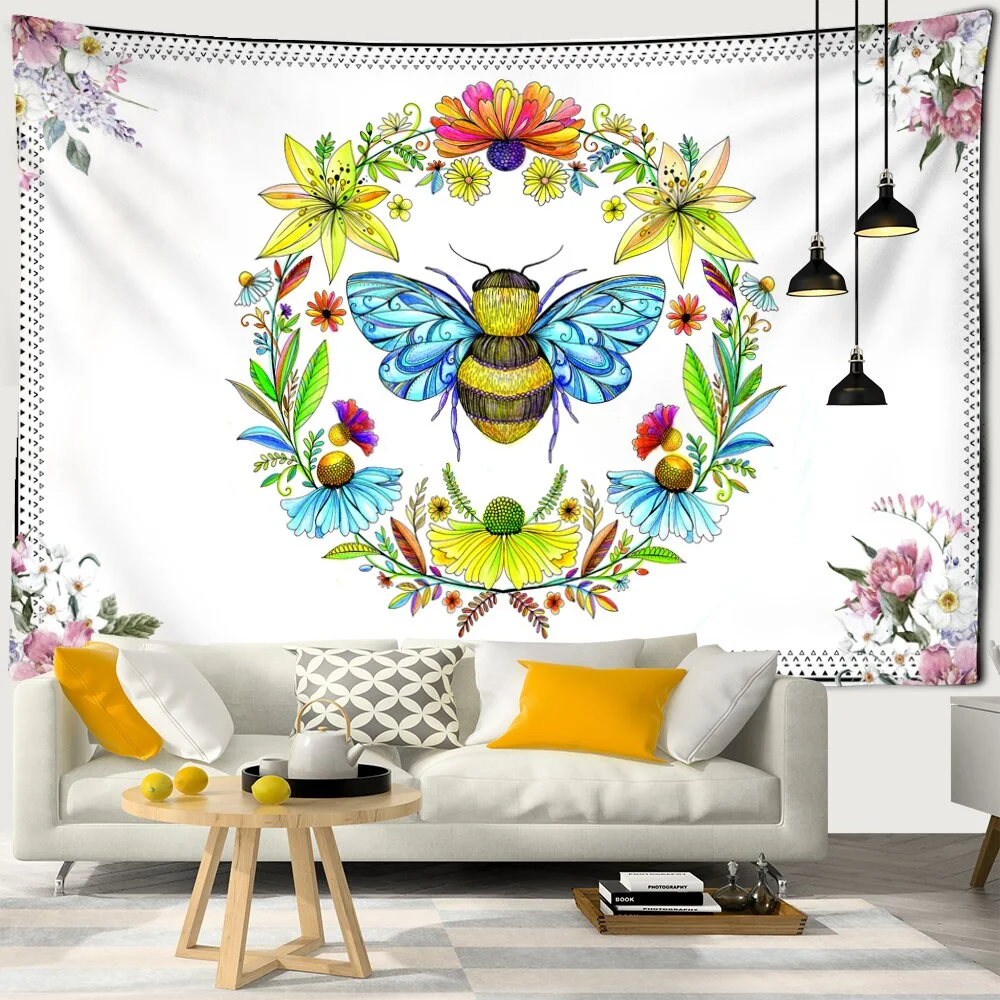Plants Honeybee Tapestry Wall Hanging Bohemian Beach Mat Polyester Blanket Yoga Mat Home Bedroom Art Decor Custom Psychedelic