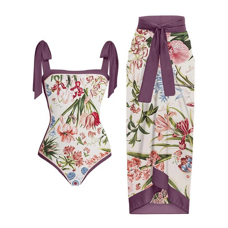 VChics Botanical Floral Print Beach Dress Two-Piece Swimsuit