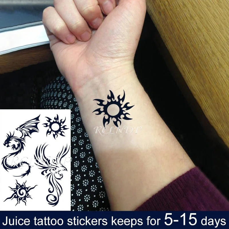 Waterproof Temporary Juice Ink Sticker Sun Totem Dragon Phoenix Small Element Fruit Gel Long Lasting Tattoo for Men Women girl