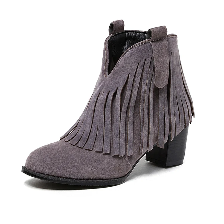 Grey Fringe Chunky Heel Round Toe Suede Ankle Boots Vdcoo