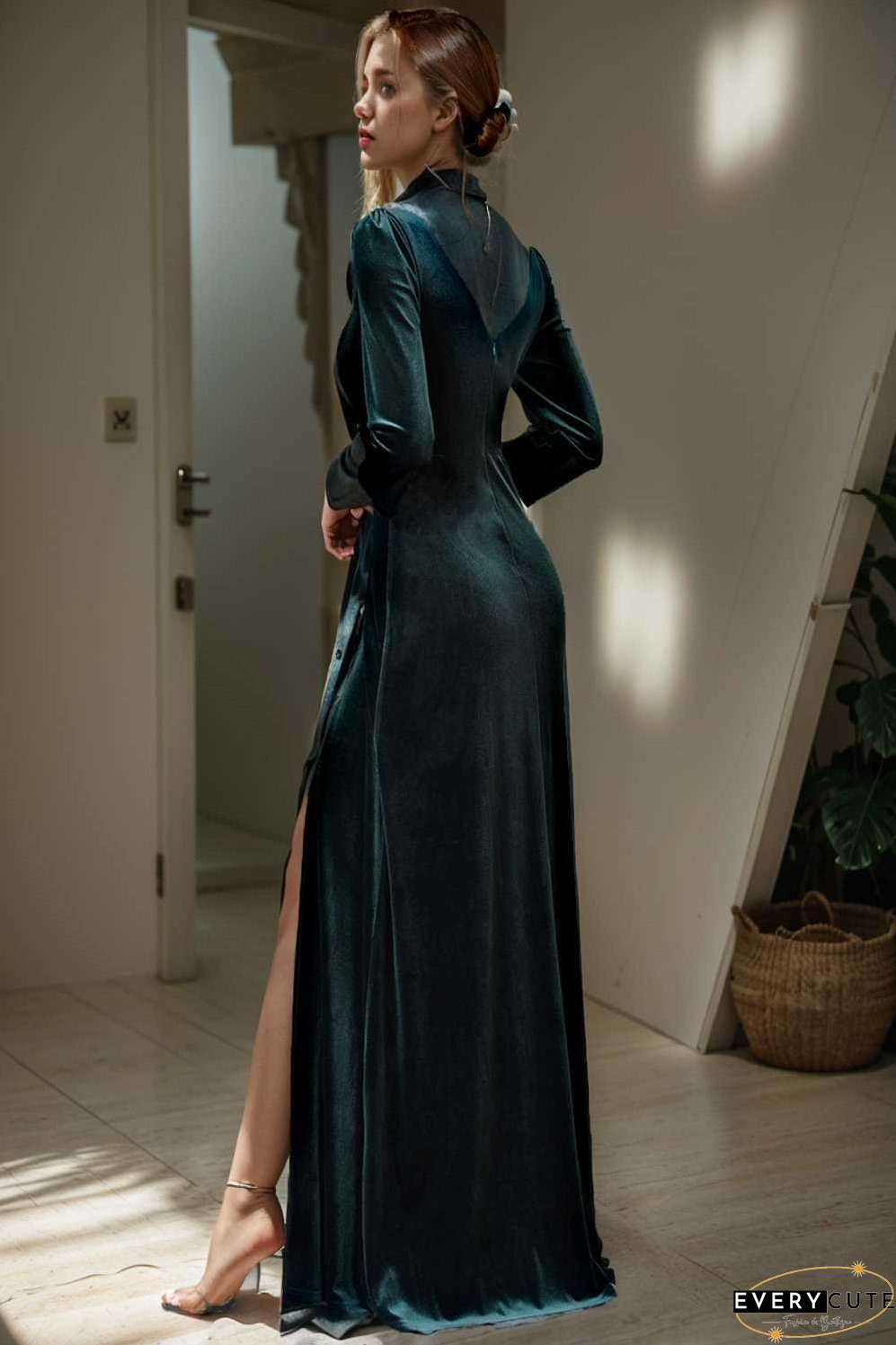 velvet 3 4 length sleeve illusion v neck front slit evening dress
