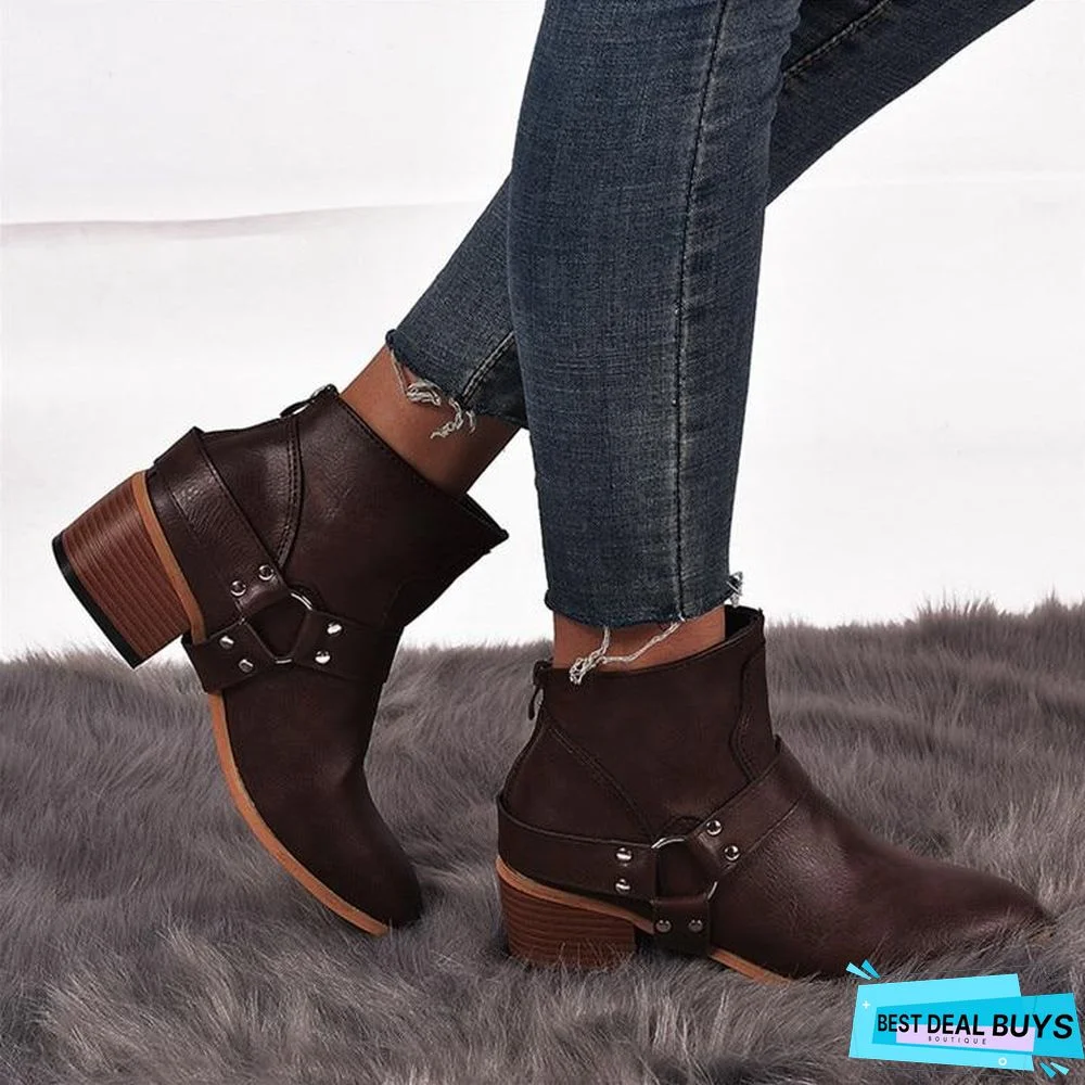Women Boots Vintage Leather High Heels Shoes Bota Woman Autumn Short Boot Winter Buckle Daily Ankle Boots
