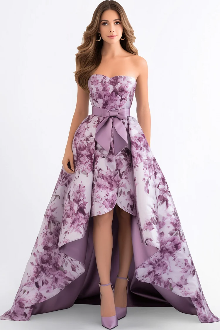 Zaruci Wedding Guest Purple Satin Floral Print Strapless Asymmetrical Maxi Dress [Pre-Order]