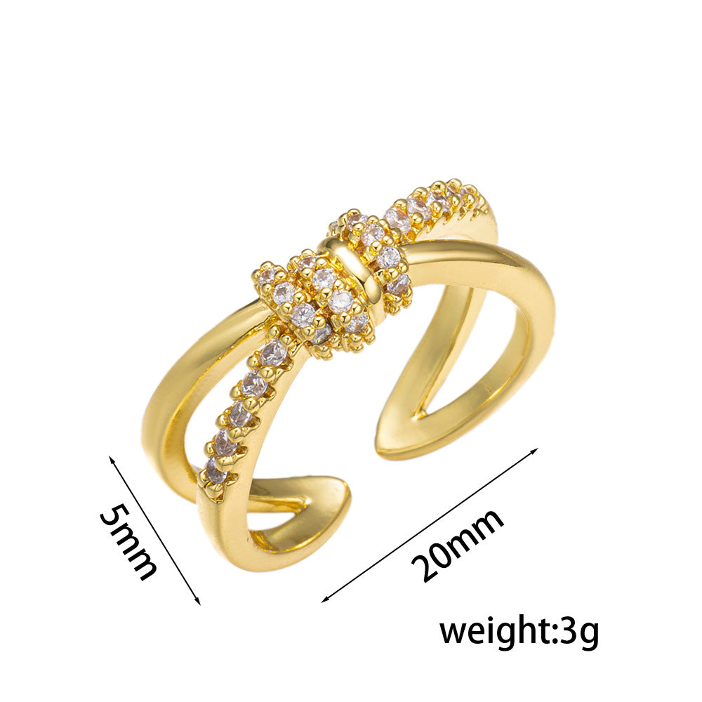 Simple Double-Layer Cross Ring Female Plain Ring Zircon Index Finger Ring Ins Fashion Style All-Match Open Ring
