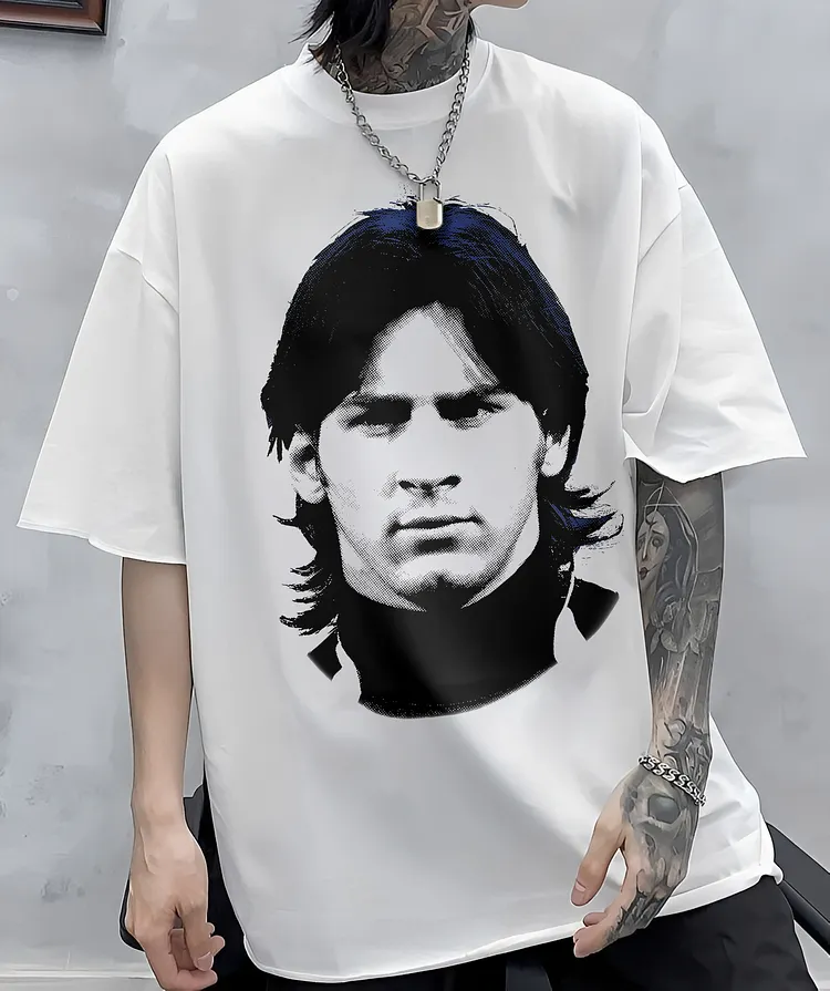 Lionel Messi Halftone Portrait Printed Men's T-shirt