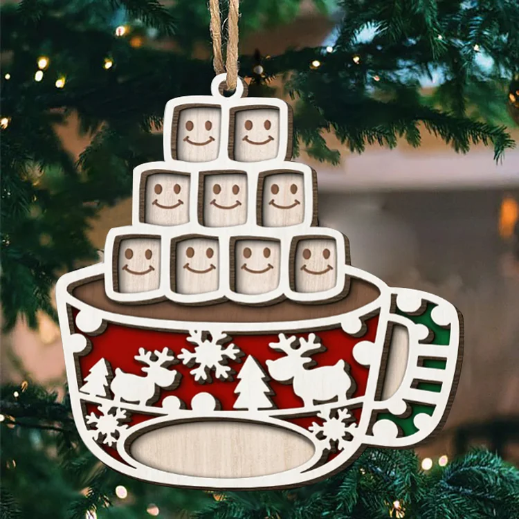 Christmas Family Ornament Custom 9 Names Coffee Cup Layered Wood Christmas Ornament