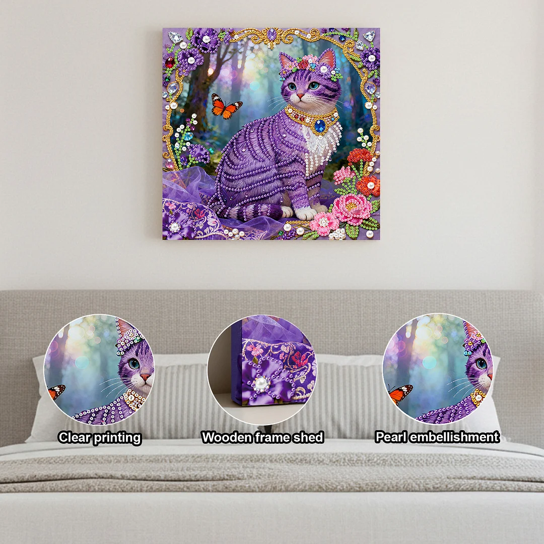 Purple Cat Art Diamond Painting Kit for Adults Home Decor 25x25cm With Frame