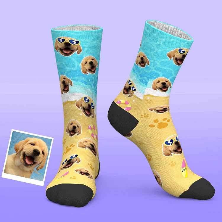 Custom Face Beach Background Socks With Dog Paw Prints Gifts For Dog Lovers