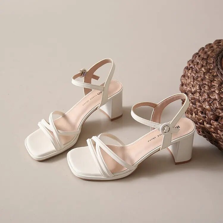 LANFUBEISI Women's Sandals Summer New Square Heel High Shoes Fashion Roman Sandals Black and White Open Toed Woman Slippers Ladies Shoes LANFUBEISI
