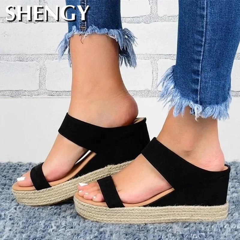2020 SHENGY Wedges Sandals Women Summer Casual Patform Buckle Starp Sandals Hemp Bottom Peep Toe Beach Sandals Ladies High Heels