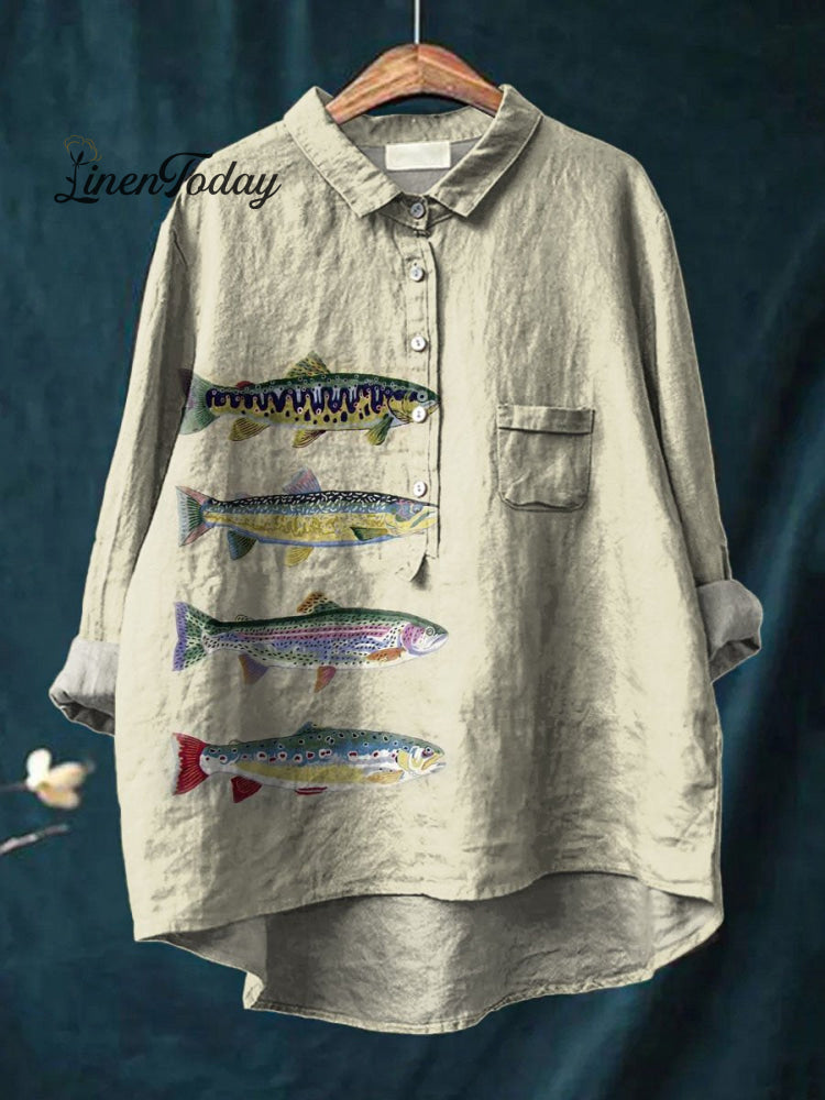Women’s Fish Print Casual Cotton And Linen Shirt Multicolor / S