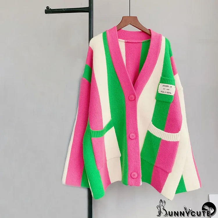 Colorblock Pocket Stripe Cardigan Sweater