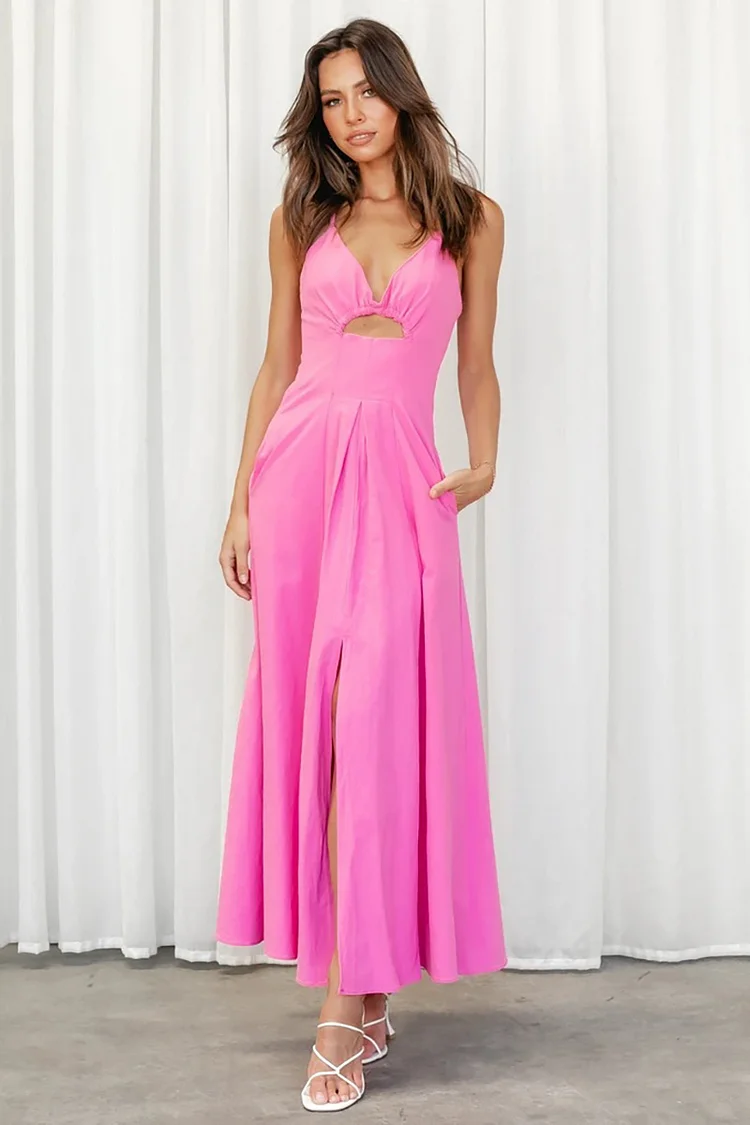 Cross Cami Deep V Neck A-line Pleated High Slit Cutout Maxi Dress