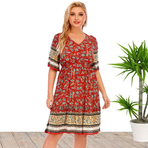 Women's Plus Size Short Sleeve Buttoned Floral Printed Mini Dress - BlackFridayBuys