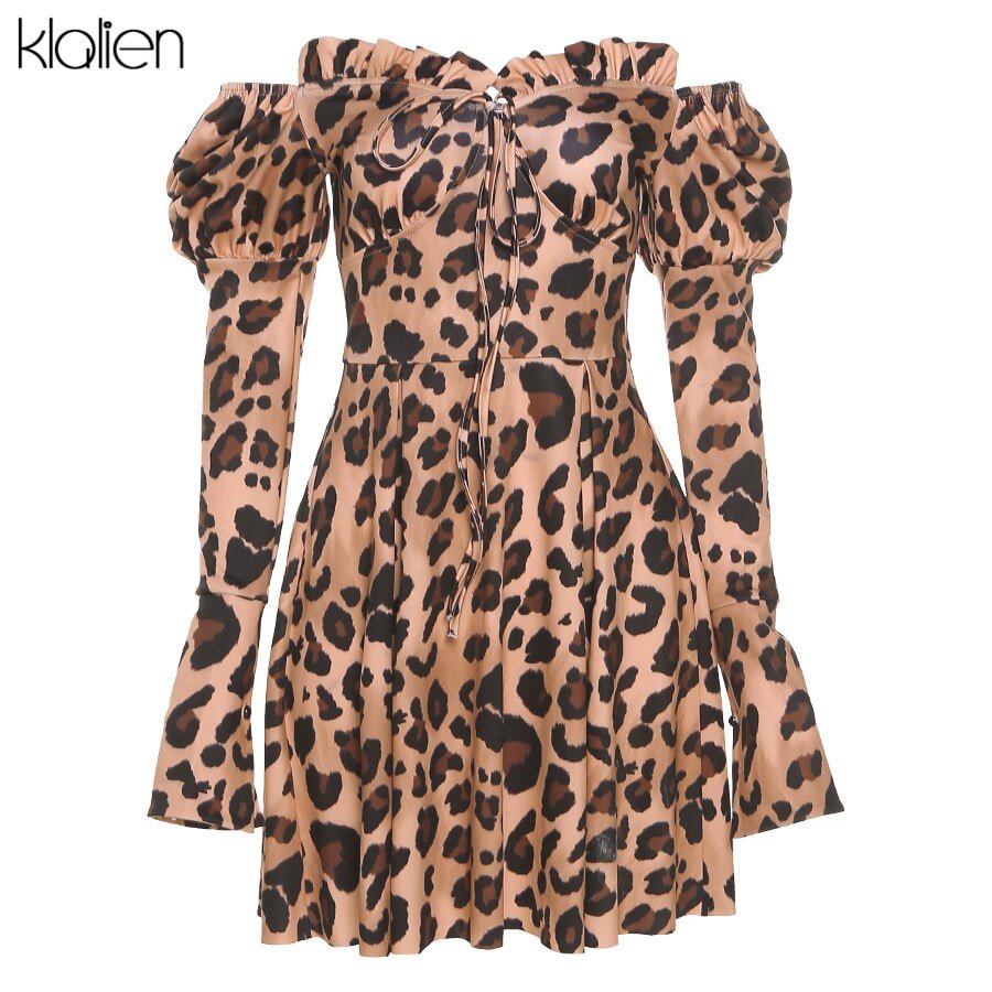 KLALIEN Women Fashion Sexy Long Sleeve Strapless A-Line Dress Autumn New Casual Office Lady Party Elegant Leopard Mini Dresses