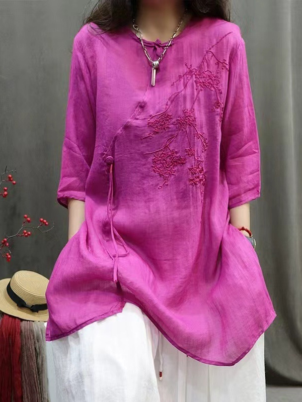 Floral Embroidered 3/4 Sleeve Linen Tunic Top