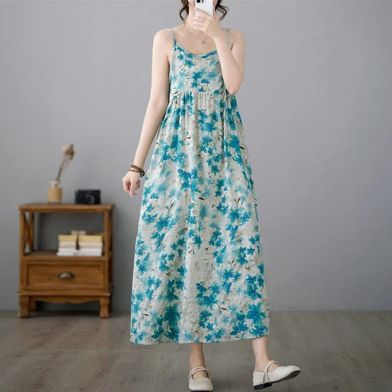 Uveng Uveng Art Cotton Sleeveless Print Sling Dress Girl Sweet Fat MM Loose Thin Swollen Swollen Dress