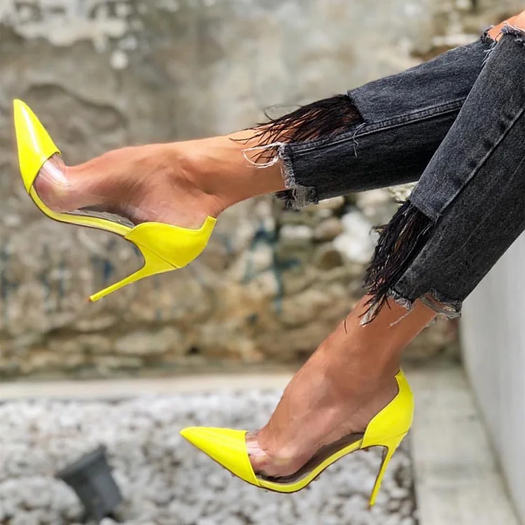 Yellow Clear Heels Stiletto Heel Pumps |FSJ Shoes