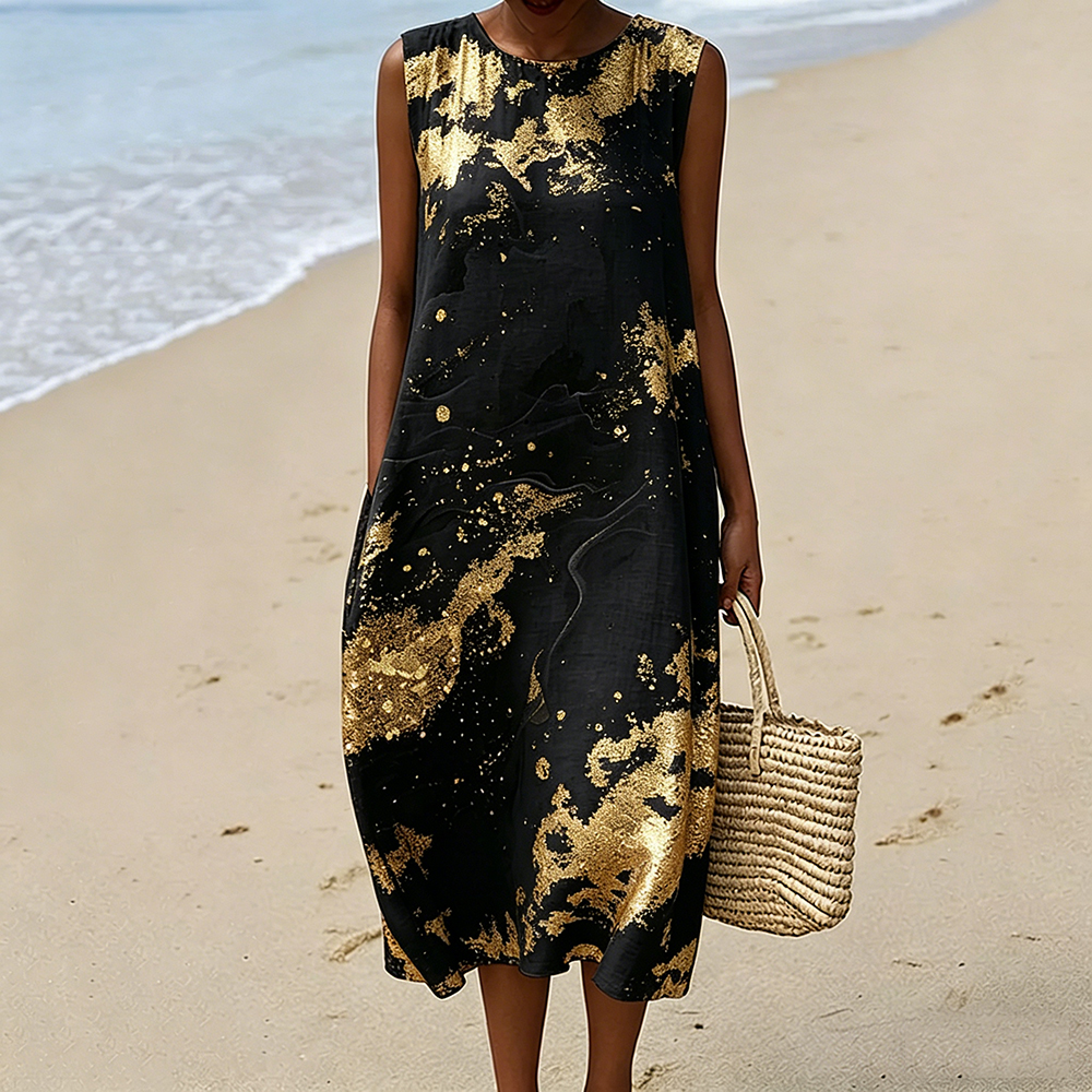Comstylish Vintage Abstract Marble Texture Art Flowy Linen Tank Dress