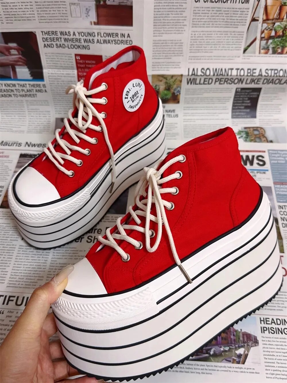 VCshoes Women Red Canvas Shoes Woman High Thick Wedges Heels Pumps Lady Dress Party Shoes Round Toe 32-47 Stripe Splicing 10