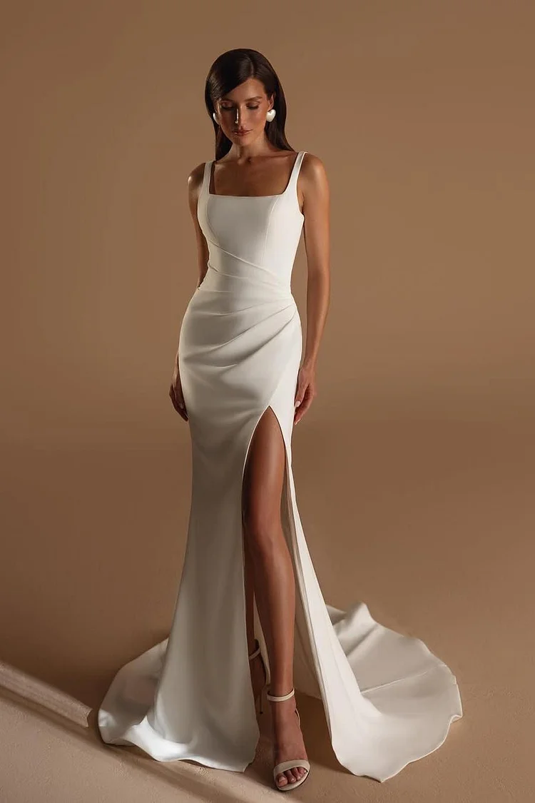  Straps Sleeveless Long Mermaid Prom Dress With Split Pleated XJ0331