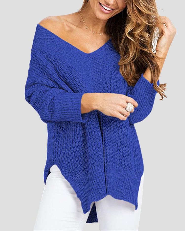 Chunky Knit Split Hem Drop Shoulder Sweater - Shop Trendy Women's Clothing | LoverChic