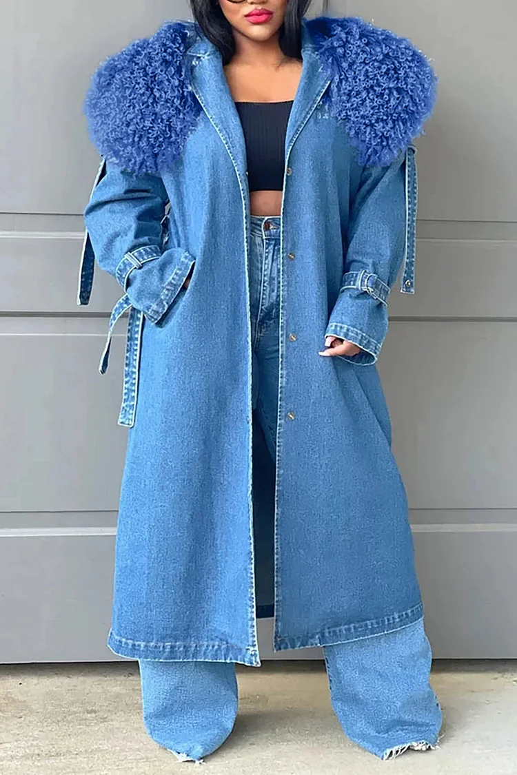 Plus Size Daily Long Coat Winter  Overcoat Blue Denim Lapel Collar Feather Coat