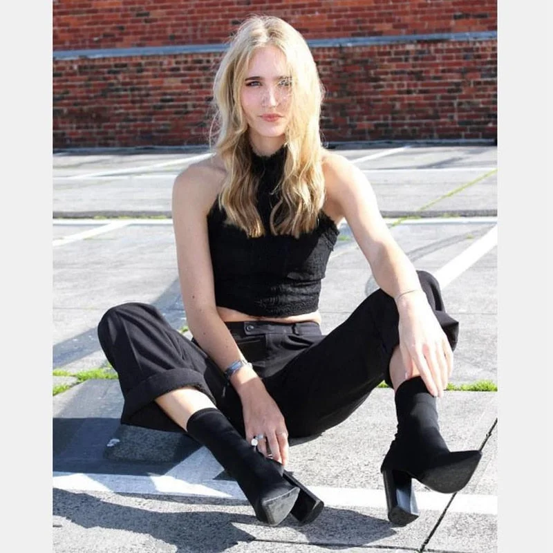 Aneikeh Slim Stretch Ankle Boots for Women Pointed Toe Sock Boots Square High Heel Boots Shoes Woman Fashion Bota Feminina 41