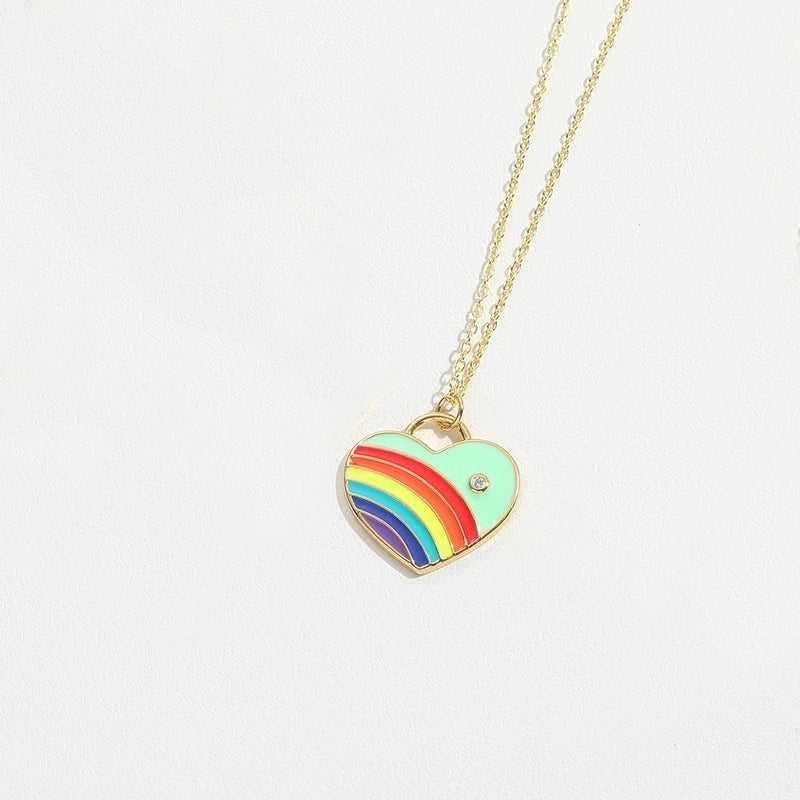 Copper 14K Gold Plated Enamel Inlay Heart Shape Zircon Pendant Necklace