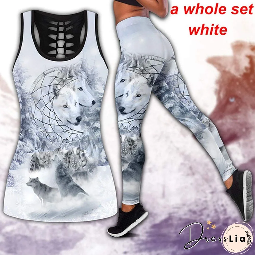 Women Wolf Native American 3D All Over Printed Legging + Hollow Tank Sleeveless Shirt Summer Vest for Women Plus Size Yoga Tank Tops Leggings Suit
