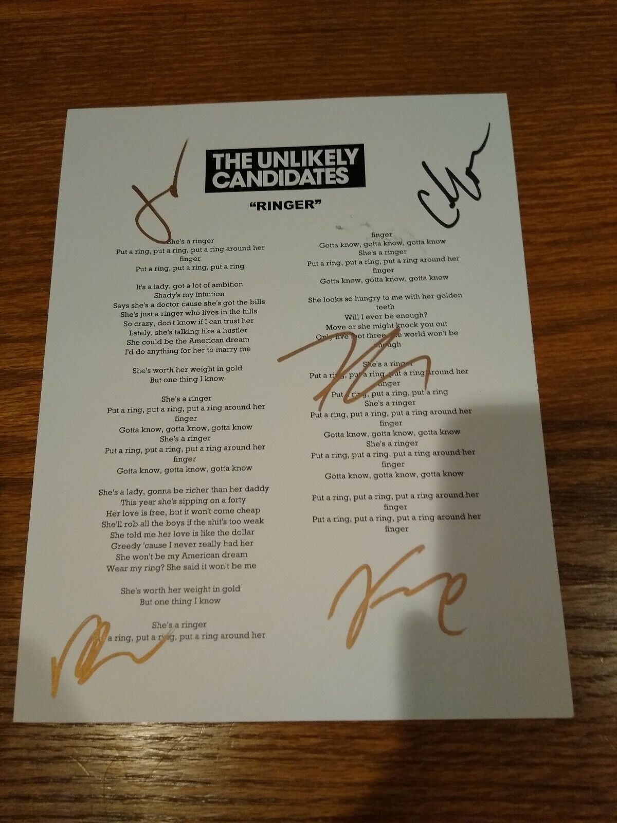 THE UNLIKELY CANDIDATES SIGNED LYRIC SHEET RINGER autograph COA